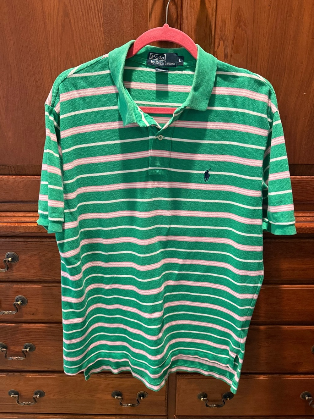 Polo by Ralph Lauren Green & White Striped Polo Shirt with navy pony.